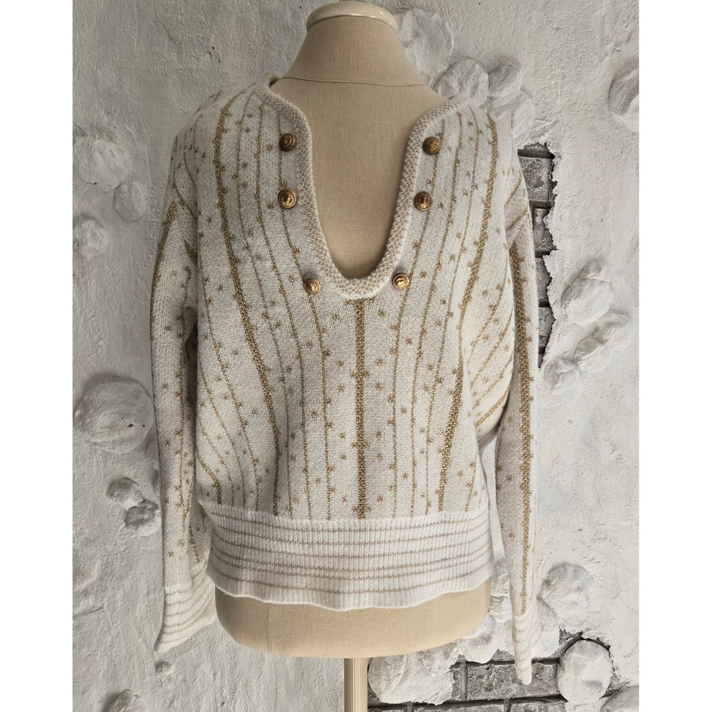 SHEIN Gold Metallic Star Stripe Knit Sweater Lion Head Button U-Neck Cream L
